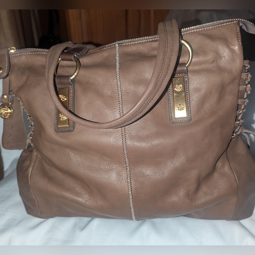 Rough Roses Brown Leather Tote with Gold Details